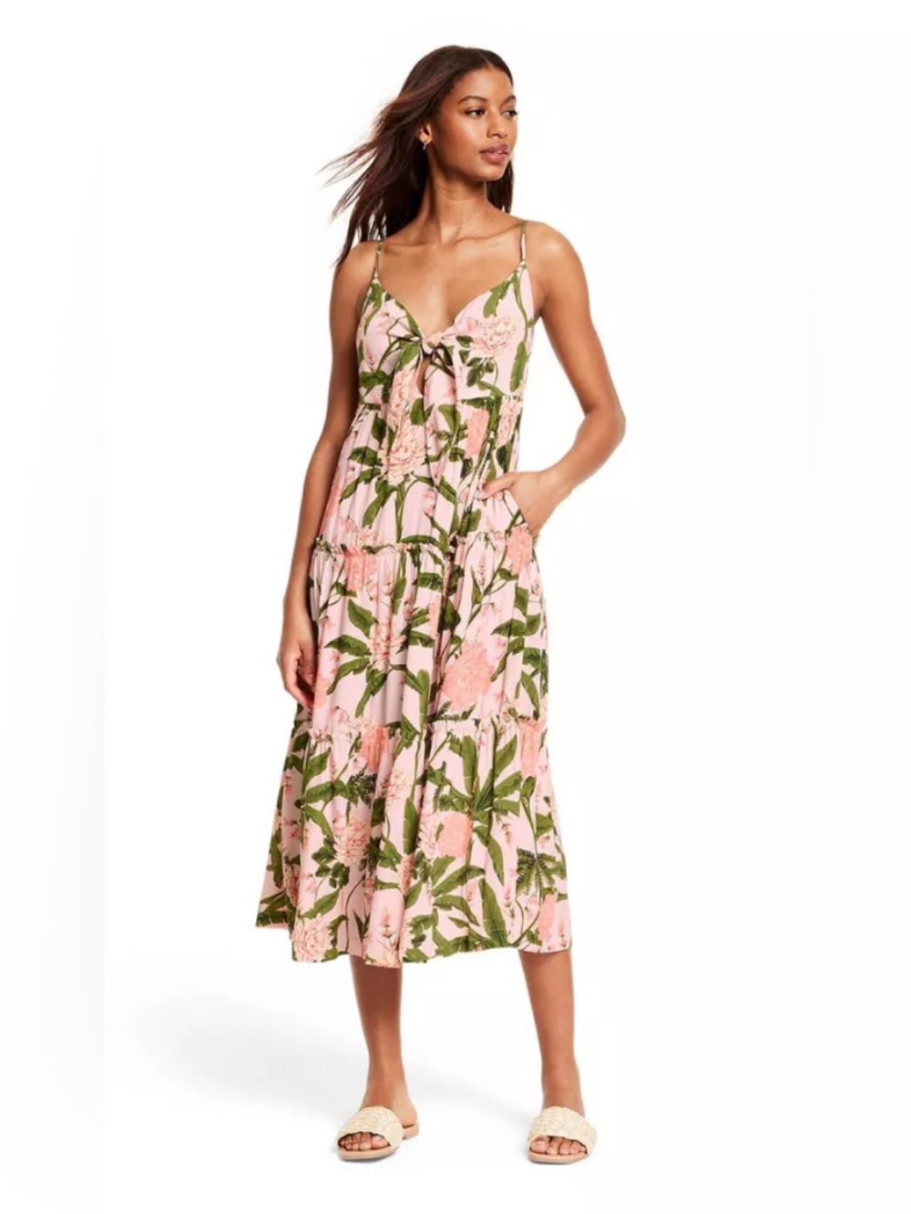 Agua Bendita Pink Floral Tie-Front Midi Dress with Green Leaves